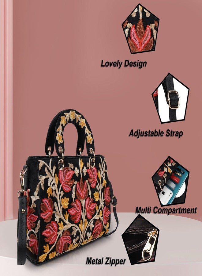 EVEDA Synthetic Leather Gorgeous Embroidery Stylish Design Shoulder Crossbody Hobo Women Handbag, Black - Image 5